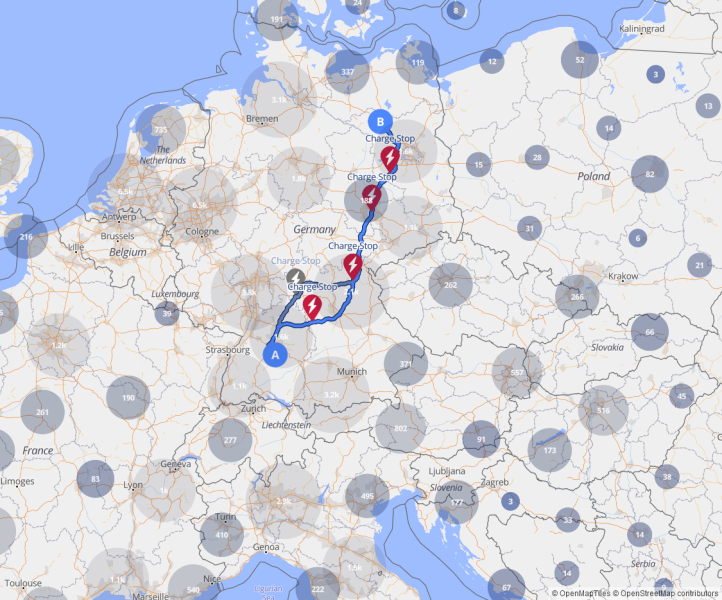 120.000 charging station from over 450 different operators are considered for routing